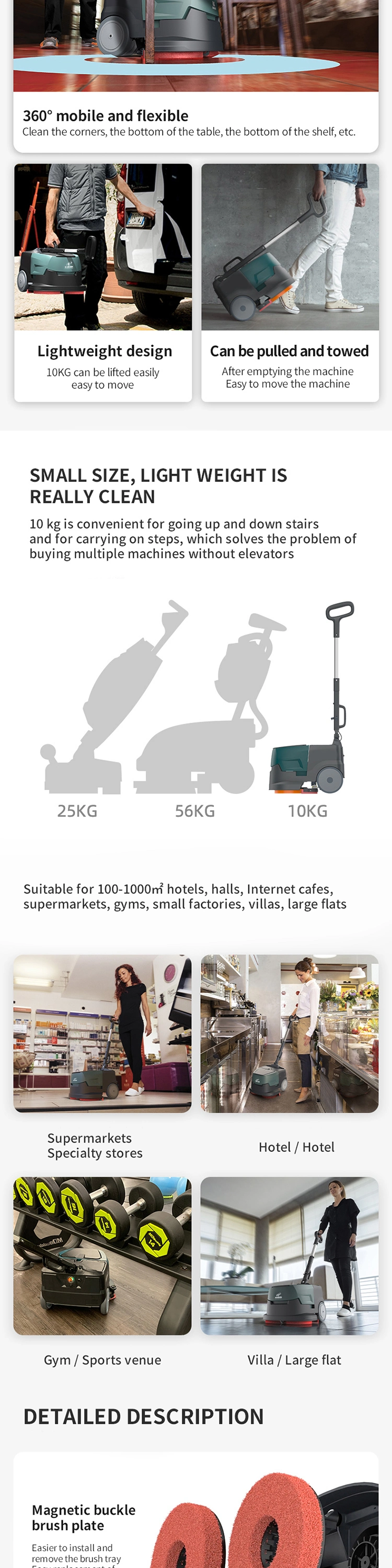 2023 Full New Lithium Battery Double Brush Hand Held Small Portable Floor Scrubber Dryer for Workshop Supermarket Tile Cleaning